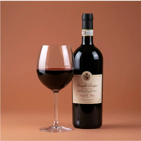 Italian red wine glass and bottle