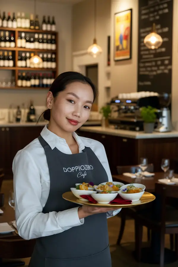 Women's waitress at the Zero Doppio Caffe serving food